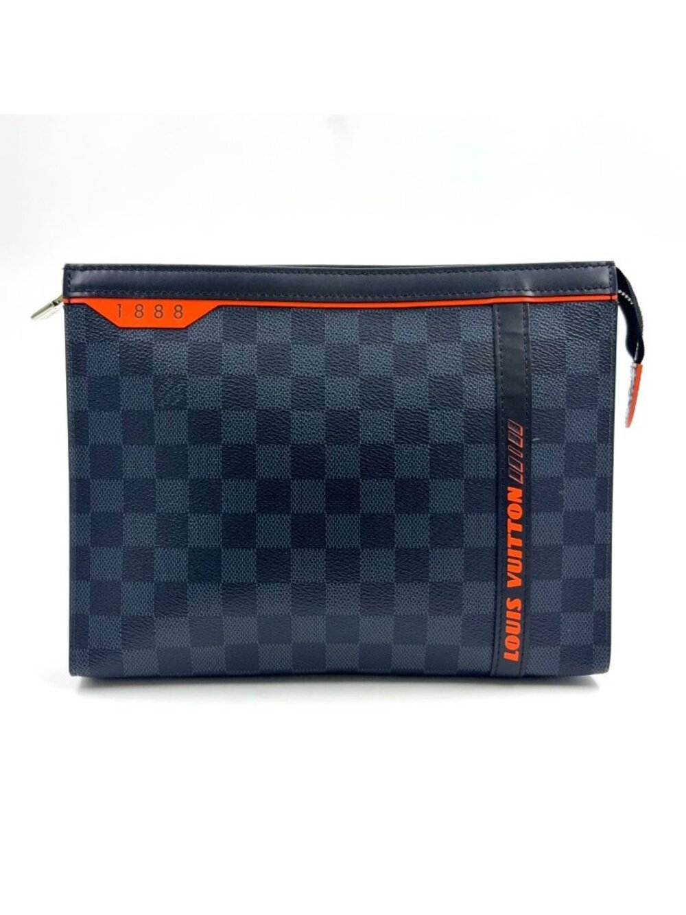 Louis Vuitton Pochette Voyage MM Damier Cobalt Leather Orange Navy Black Clutch